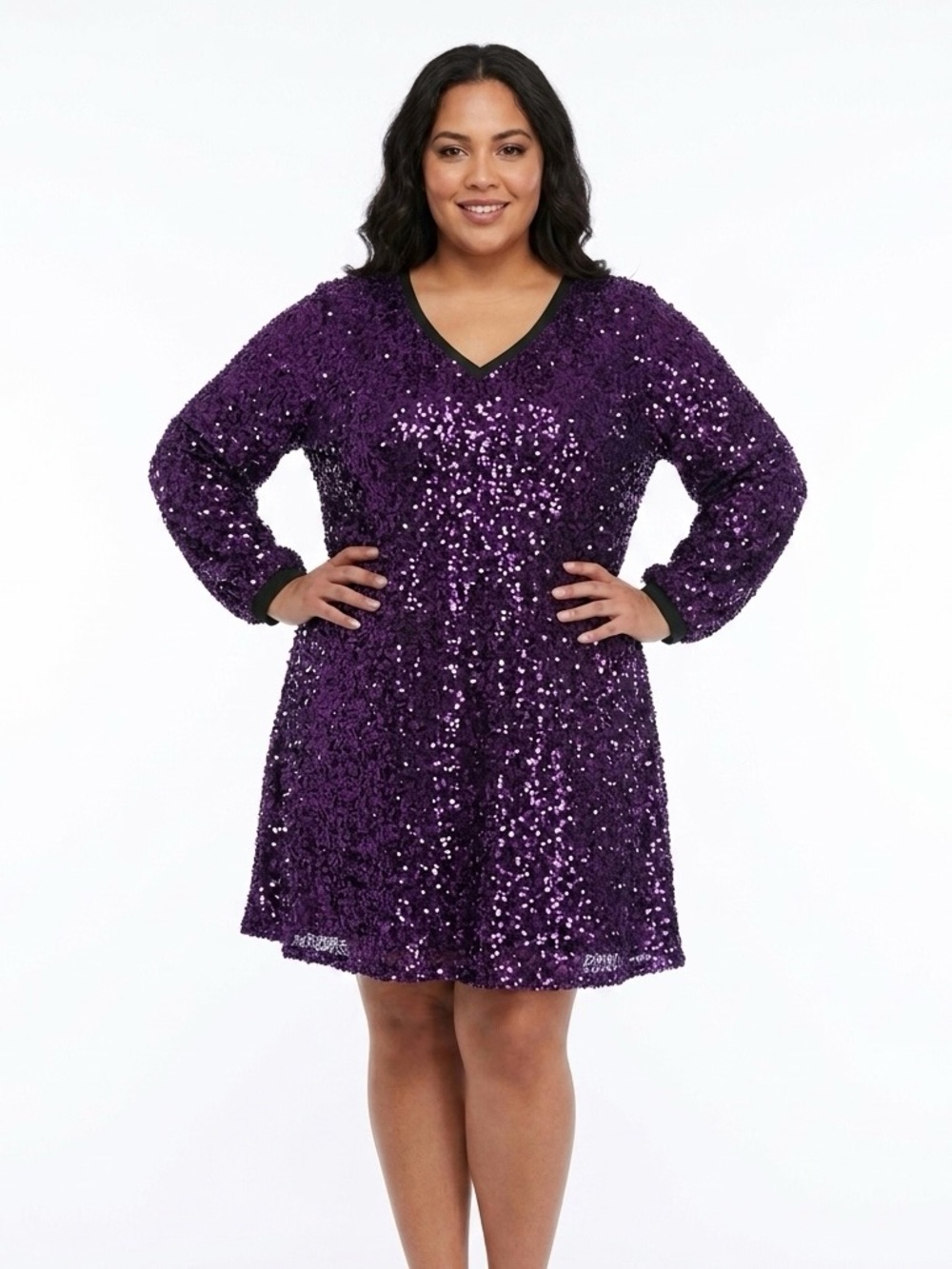 SHEIN CURVE Purple Sequin V Neck Dress 4XL Long Sleeve A Line Sparkle Party